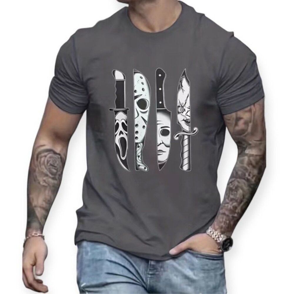 Grey Men's Graphic Design Horror Crew Neck Novel Short Sleeve T-shirt